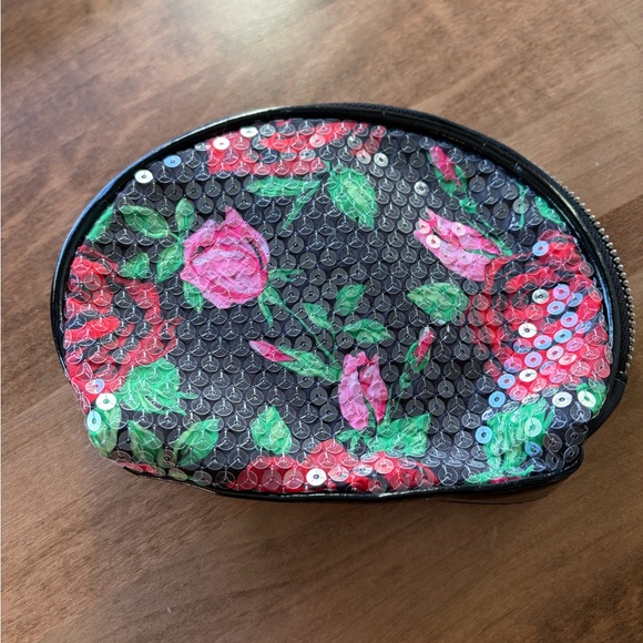 Betsey Johnson Black Rose Floral Sequin Cosmetic Pouch - Picture 2 of 6